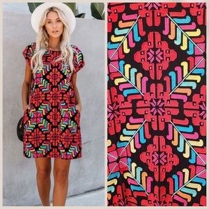 J.Marie Embroidered Shift Dress Vacation Resortwear Bright Colors Geometric Sz S